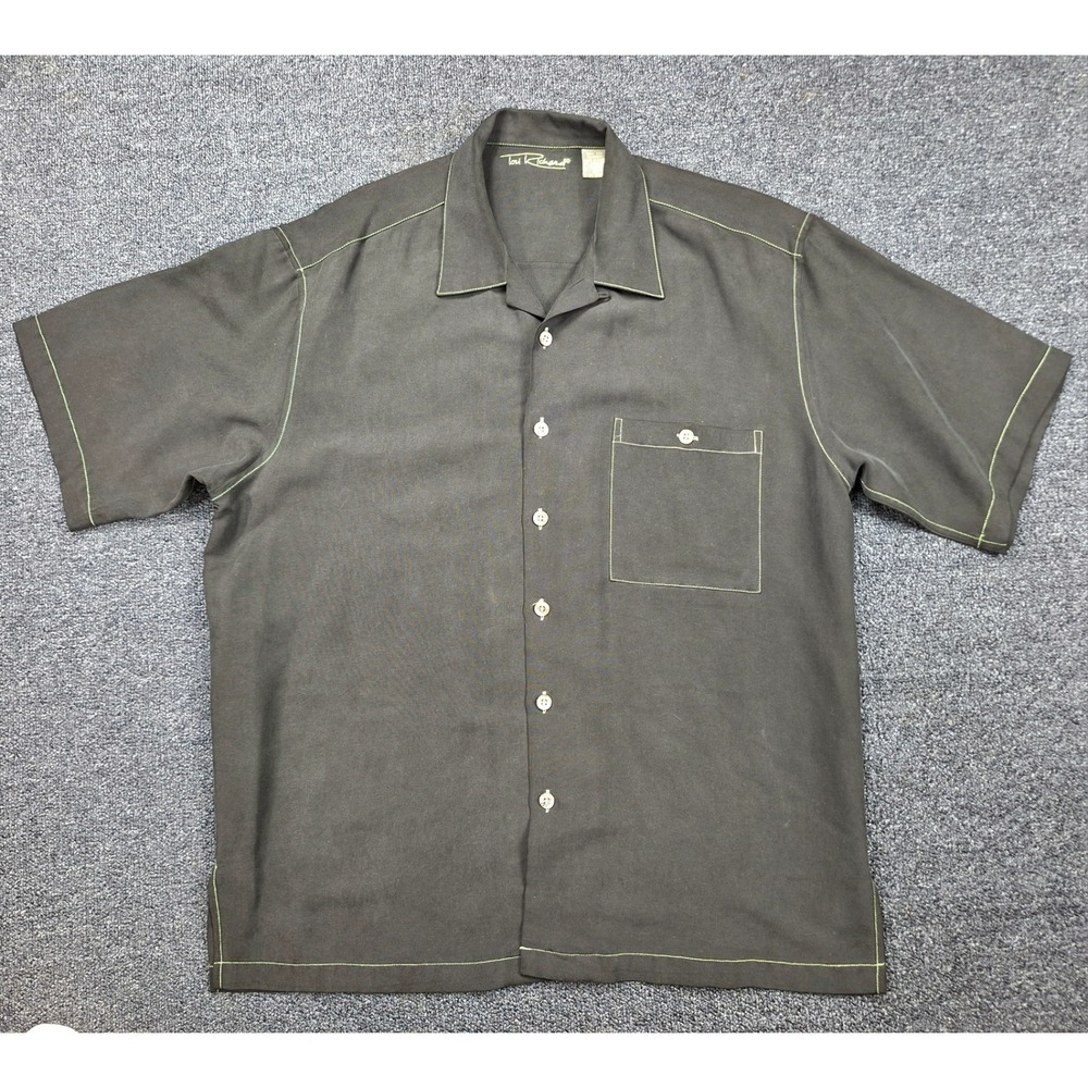 Tori Richard Mens Silk Shirt Black Lime Stitch Cruise Ship Embroidery Medium